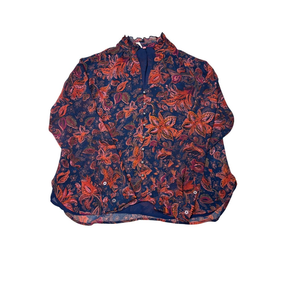 Pilcro Anthropologie Floral Paisley Chiffon Blouse Navy Orange Ruffle Womens M